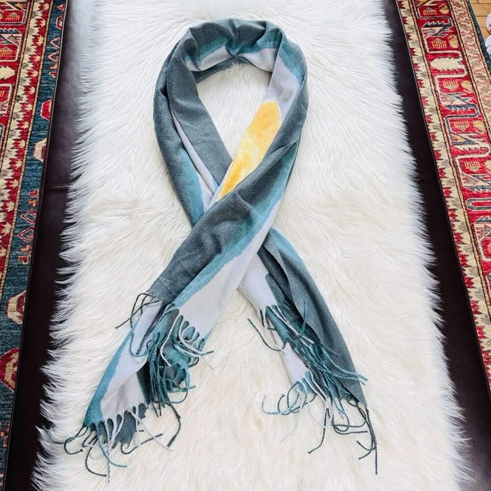 Abstract Patterned Blue and Yellow Wool Blend Pashmina Scarf - Picture 5 of 5